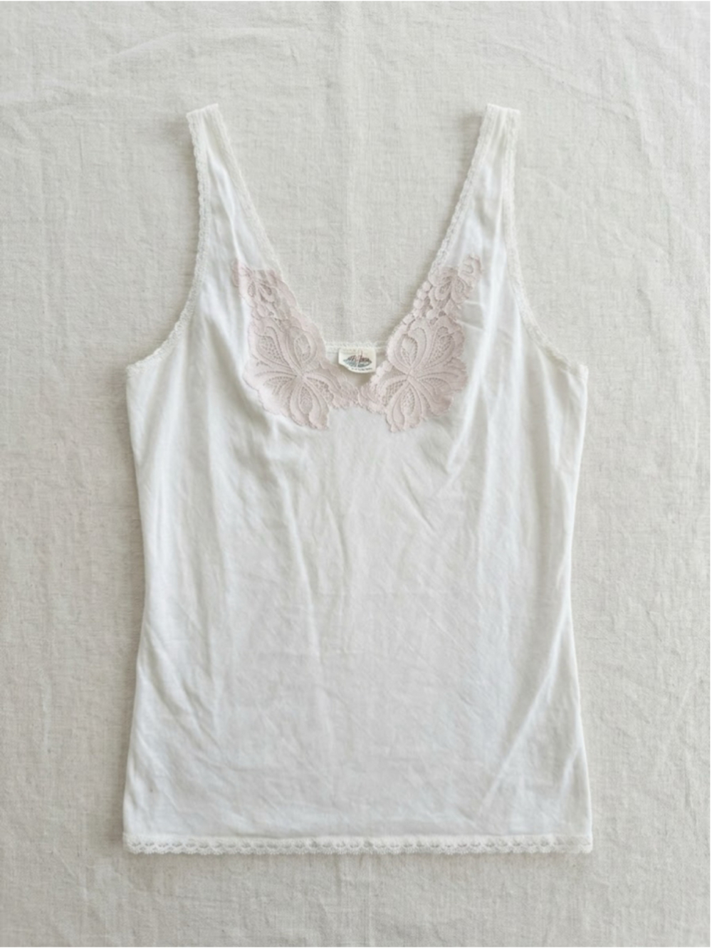 1970’s Vintage Women's 100% Cotton Lace Trim Camisole Tank Top White Pink Size M